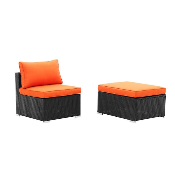 OVASTLKUY 2-Piece Wicker Rattan Sofa Conversation Seat with Orange Cushion