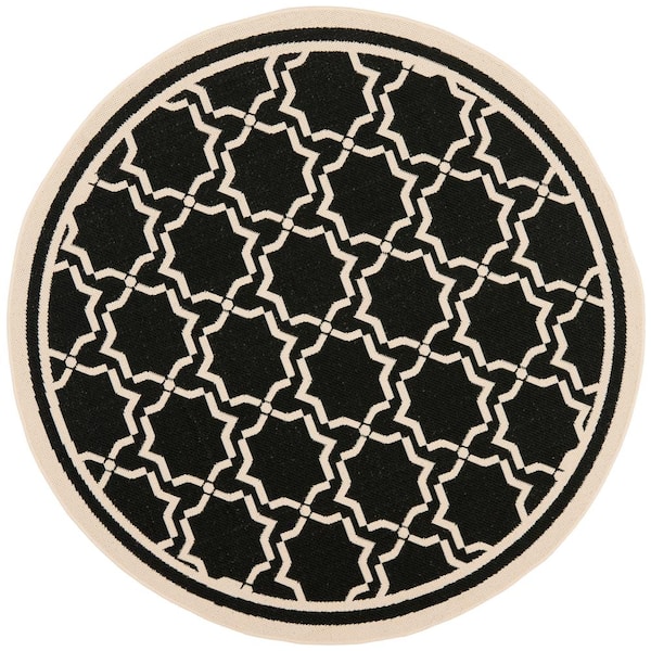 SAFAVIEH Courtyard Black/Beige 5 ft. x 5 ft. Round Geometric Indoor/Outdoor Patio  Area Rug