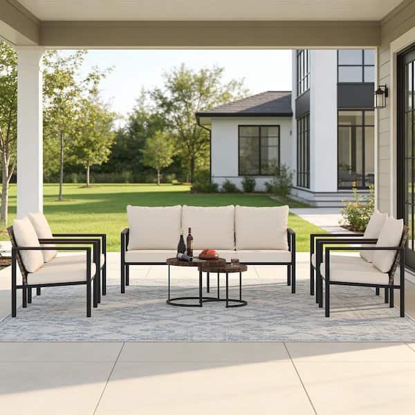 7-Piece Natural PE Rattan Wicker Outdoor Sectional Sofa Set with Beige Washable Cushions a Teatoy Table