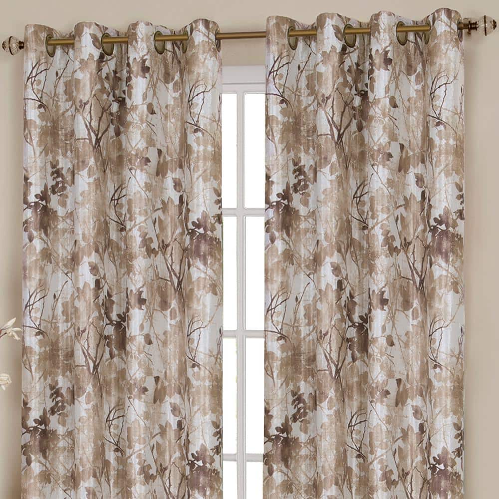 Tan Floral Blackout Grommet Polyester Window Drapes, 50x63