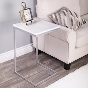 Lawler 16 in. W Silver/White C-Shape Marble & Metal Side Table