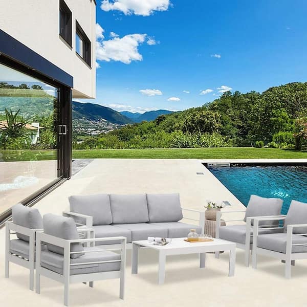 Unbranded 6-Piece Aluminum Patio Conversation Set with Coffee Table, Outdoor Modular Sectional Sofa Furniture Set, White Cushions