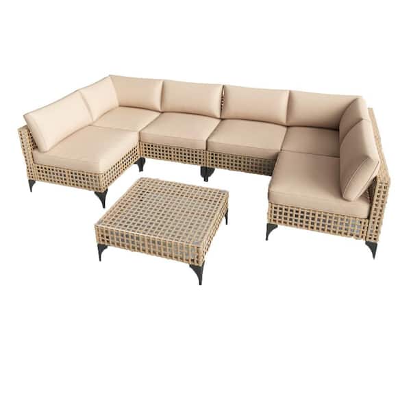 7-Pieces Light Brown PE Rattan Wicker All Weather Outdoor Sofa Sectional Set with Khaki Cushions and Coffee Table