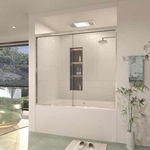 60 in. W x 56 in. H Sliding Semi Frameless Tub Door in Chrome Finish with Clear Glass