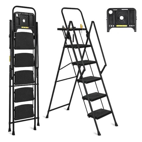 5-Step, 5.5 ft. Reach Steel Lightweight Portable Foldable Step Ladder with Tool Tray and Wide Non Slip Pedals, Handrails