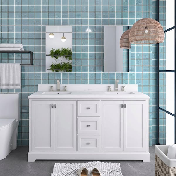 86 White Freestanding Double Sink Bathroom Vanity Set with Makeup Table  Marble Top