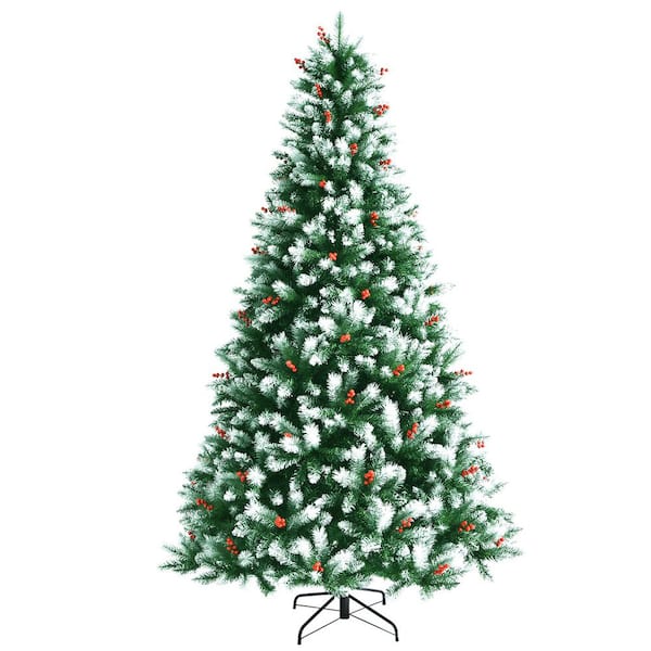 Costway 8 ft. Unlit Hinged Artificial Christmas Tree with Snow Flocked Tips and Red Berries