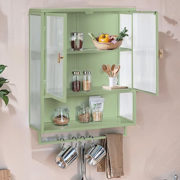 Unbranded 23.6 in. W x 9 in. D x 30.7 in. H Bathroom Storage Wall Cabinet in Green with Open Shelf and Towel Rack Accent Cabinet