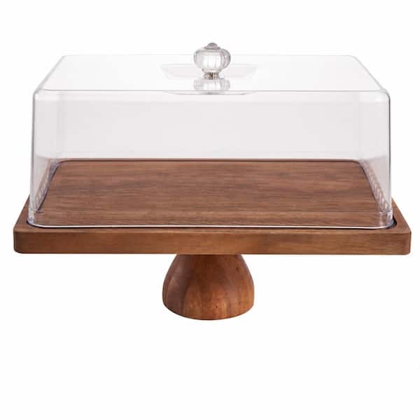 2-in-1 Brown Acacia Wood Rectangular Cake Stand with Shatterproof Acrylic Dome Lid, 13