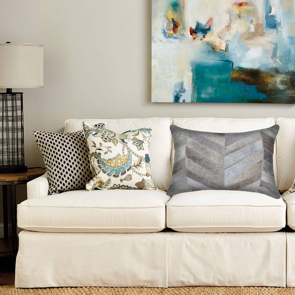 Gray Chevron Cowhide Throw Pillow with Cotton Backing