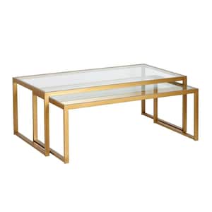 Rocco 46 in. Brass Rectangle Glass Top Coffee Table with 2 Nested Tables