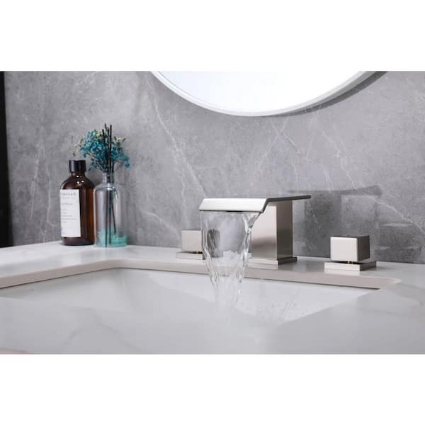 4 in. Widespread 2-Handle Waterfall 3 GPM Bathroom Sink Faucet with Pop Up Drain in Brushed Nickel