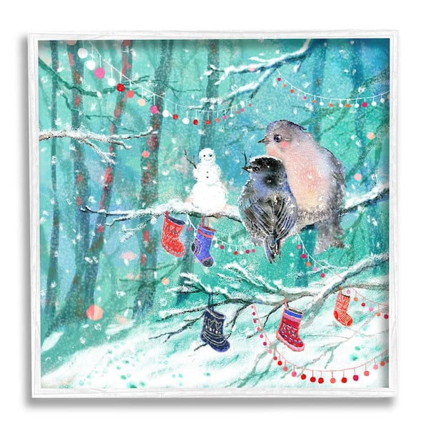 Stupell Industries Birds with Winter Stockings by Verbrugge Watercolor 1 Piece Framed Graphic Print Animal Poster Art Print 24 in. x 24 in.