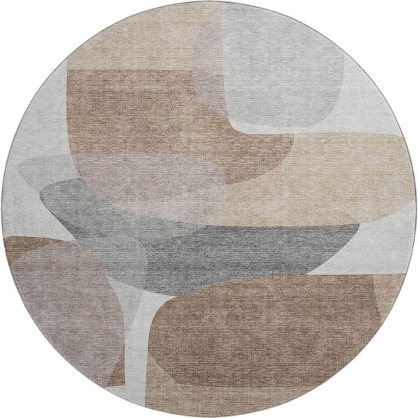 Mayfield Premium Machine Washable Abstract AMF2121 Mocha 8 ft. x 8 ft. Round Rug