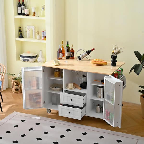 Eunice Indoor Ivory White Wood Kitchen Cart with 2 Door Cabinet, 2 Drawers and Dropleaf Top
