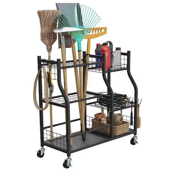 Garage Garden Tool Organizer with Locking Wheels-36. 25x37. 25in Yard Tool Storage Rack with Shelves, Slots, and Hooks