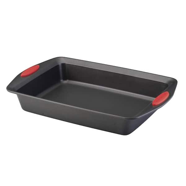 Rachael Ray Yum-o! Nonstick Bakeware Oven Lovin Rectangle Cake Pan, 9-Inch by 13-Inch, Gray with Red Handles, Gray with Red Grips