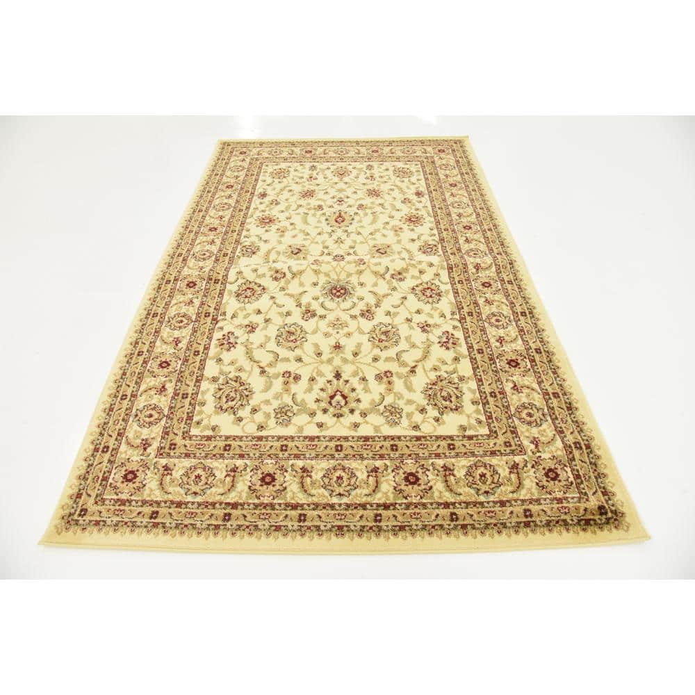 Elegant Ivory Floral 5' x 8' Easy-Care Synthetic Rug