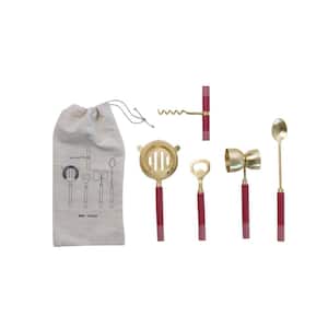 5-pieces Pink and Gold Stainless Steel Bar Tools with 2-Tone Resin Handles in Drawstring Bag