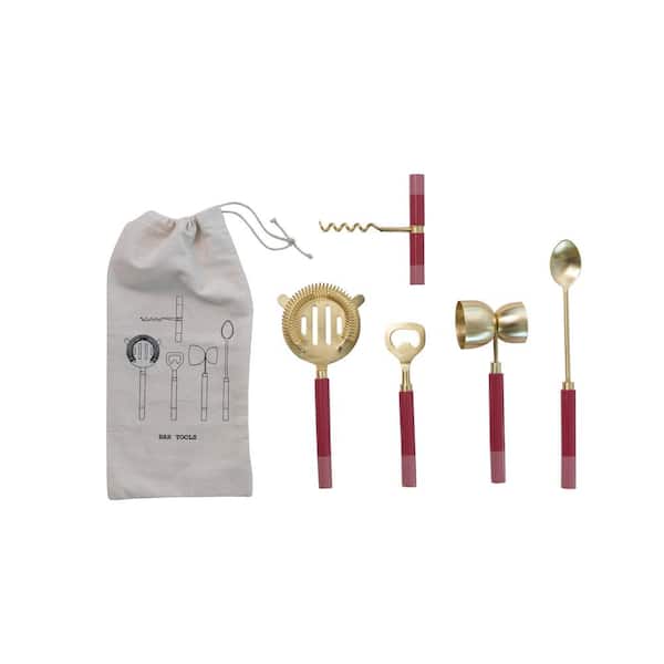 Storied Home 5-pieces Pink and Gold Stainless Steel Bar Tools with 2-Tone Resin Handles in Drawstring Bag