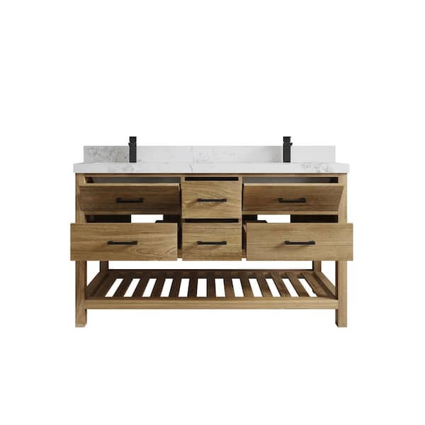 Willow Collections Parker Teak 60 in. W x 22 in. D x 36 in. H Double Sink Bath Vanity in Premium Polish with Calacatta Nuvo Quartz Top