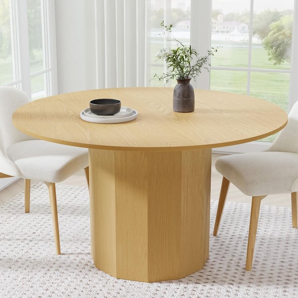 Lirago Cylindrical Natural Colored Wood 52 in. Column Base Straight Edge Dining Table for 6