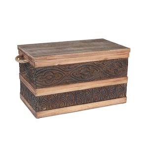 Decorative Trunk, Embossed Metal, Small, Walnut and Almond Stain in Brown and Blond