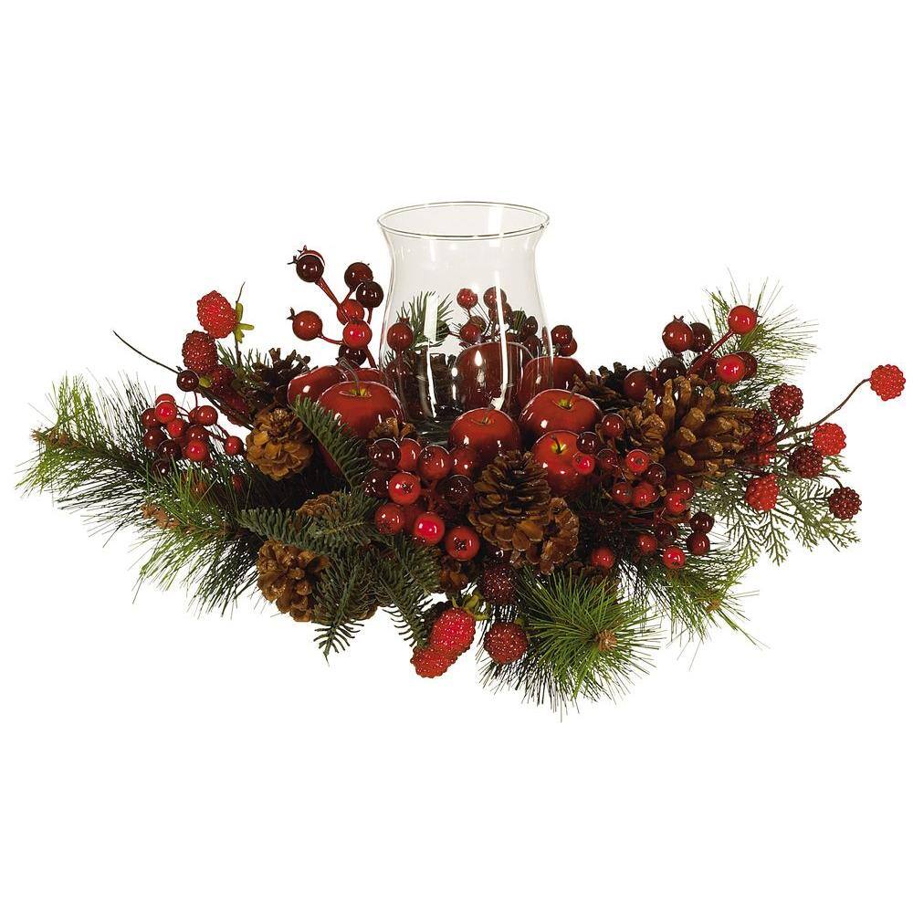 Nearly Natural Holiday Candelabrum Silk Flower Arrangement Jeweled berries, gleaming apples, rustic pine cones, and evergreen branches surround a glass hurricane candle base creating an elegant and functional candle holder. Standing 16 In. tall, it is substantial enough to take center stage on any table. Turn down the lights, light a fragrant candle, and enjoy the warmth and beauty of this exquisite piece.
