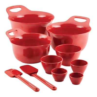 Mix and Measure Mixing Bowl Measuring Cup and Utensil Set, 10-Piece, Red
