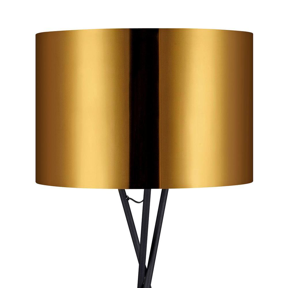 Elegant Outdoor Black Tripod Floor Lamp with Gold Shade