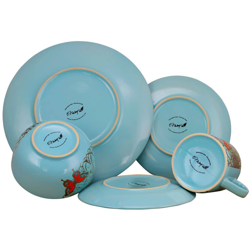 Butterfly Garden Blue and Gold Ceramic Dinnerware Set, Service for 4