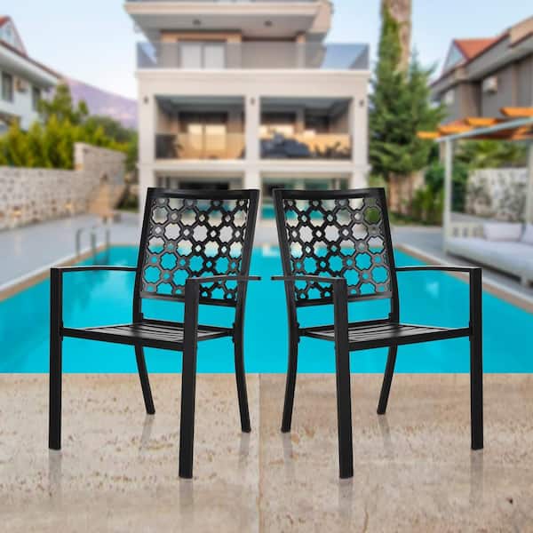 Unbranded Metal Outdoor Dining Chair in Black, Stackable Patio Chairs with Armrest, Backyard Garden Chair, Set of 2