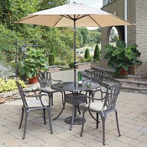 Grenada 42 in. Taupe Tan 5-Piece Cast Aluminum Round Outdoor Dining Set with Umbrella with Tan Cushions