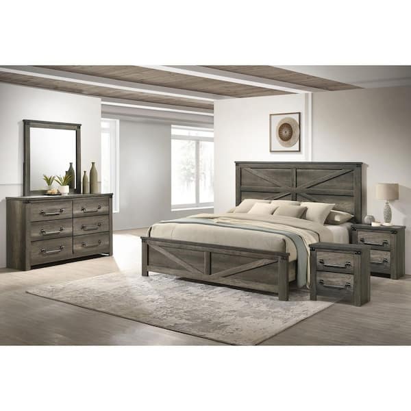 Carter 5-Piece Rustic Gray Wood Frame Queen Panel Bedroom Set with Farmhouse Headboard, Antique Brass Drop Handles