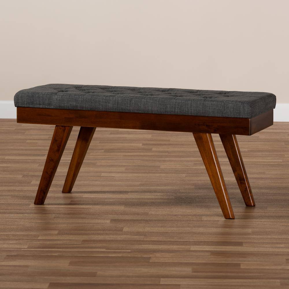 Alona Mid-Century Grey Fabric and Walnut Wood Dining Bench