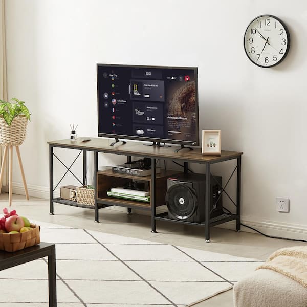 VECELO TV Stand with Power Outlets, Brown TV Console for 65 in. Industria Media Entertainment Center with Charging Station