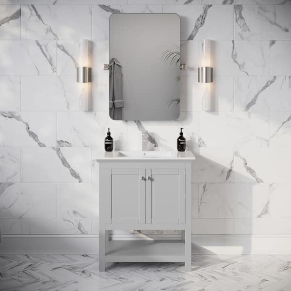 Manchester 30 in. Single Sink Shaker-Style Gray Bath Vanity with White Quartz Top and Integrated Sink