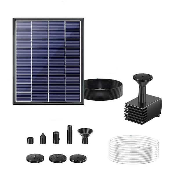 Solar Water Fountain Pump 6W Outdoor Black with Glass Panel 5 Nozzles 4 ft. Tubing for Bird Bath Garden Pond Pool