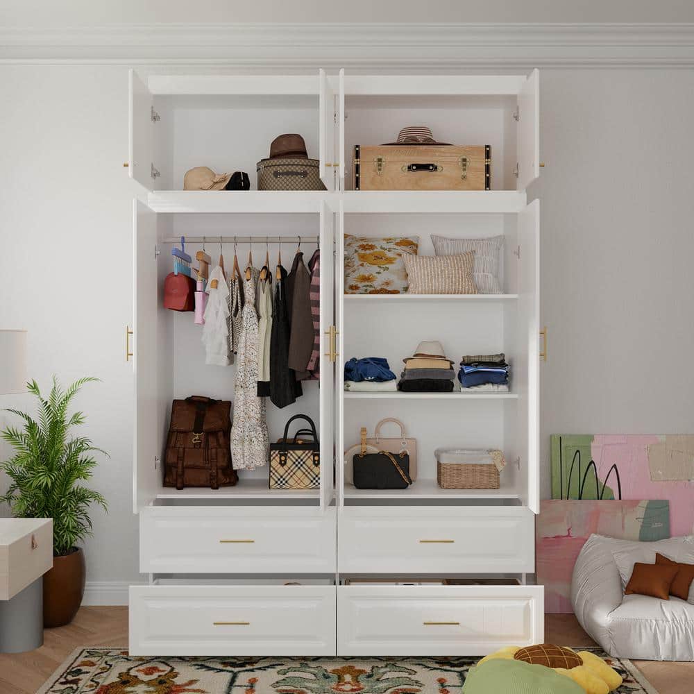 White 8-Door Big Wardrobe Armoires with Hanging Rod, 4-Drawers, Storage Shelves 93.9 in. H x 63 in. W x 20.6 in. D - thumbnail 4
