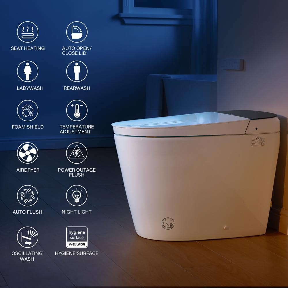 White Ceramic Elongated Smart Toilet with Heated Seat and Dryer