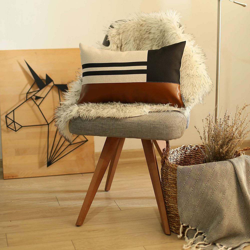 Bohemian Handmade Vegan Faux Leather Brown and Black Geometric Lumbar Pillow