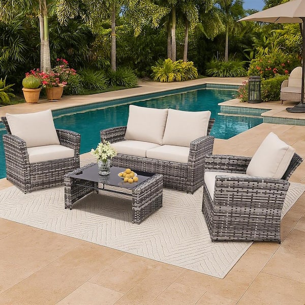 Large Size 4-Piece Gray Wicker Patio Conversation Set with Beige Cushions 1-Loveseat, 2-Single Chair, 1-Table