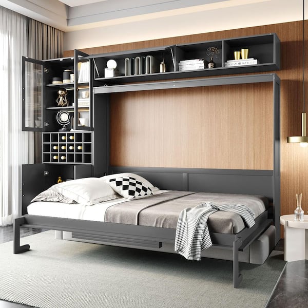 Harper & Bright Designs Gray Wood Frame Queen Size Murphy Bed Wall Bed with Light, Top Cabinets, Wine Racks, Shelves, USB Charging