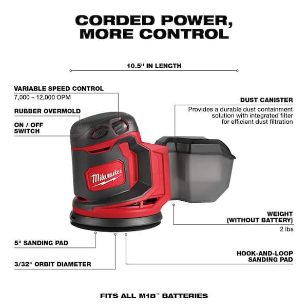 Milwaukee - M18 18V Lithium-Ion Cordless 5 in. Random Orbit Sander with (1) 5.0 Ah, (1) 2.0 Ah Battery and Charger