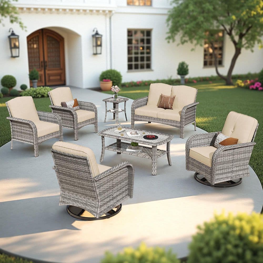 Meiss Gray 7-Piece Wicker Patio Conversation Set with Beige Cushions and Swivel Chairs price history on PriceWatchPro