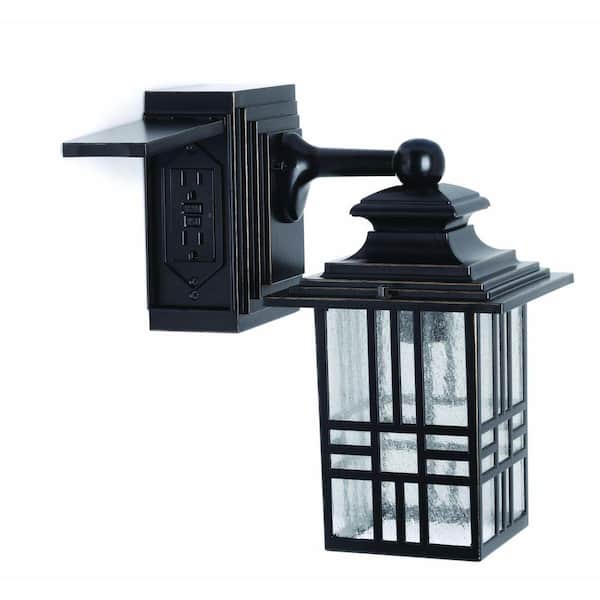 Hampton Bay Mission 12.9 in. 1-Light Black with Bronze Highlight Outdoor Wall Lantern Sconce with Built-In Electrical Outlet (GFCI)
