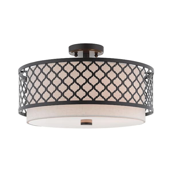 AVIANCE LIGHTING Amalfi 18 in. 3-Light English Bronze Semi Flush Mount with Oatmeal Fabric Shade