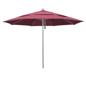 11 ft. Gray Woodgrain Aluminum Commercial Market Patio Umbrella Fiberglass Ribs and Pulley Lift in Hot Pink Sunbrella