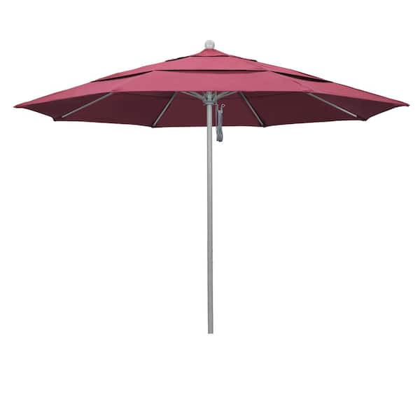 California Umbrella 11 ft. Gray Woodgrain Aluminum Commercial Market Patio Umbrella Fiberglass Ribs and Pulley Lift in Hot Pink Sunbrella