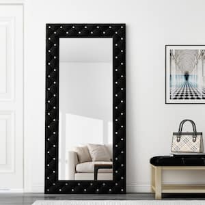 33 in. W x 71 in. H Tufted Black Large Floor Mirror Full Length Mirror with Crystal Finished